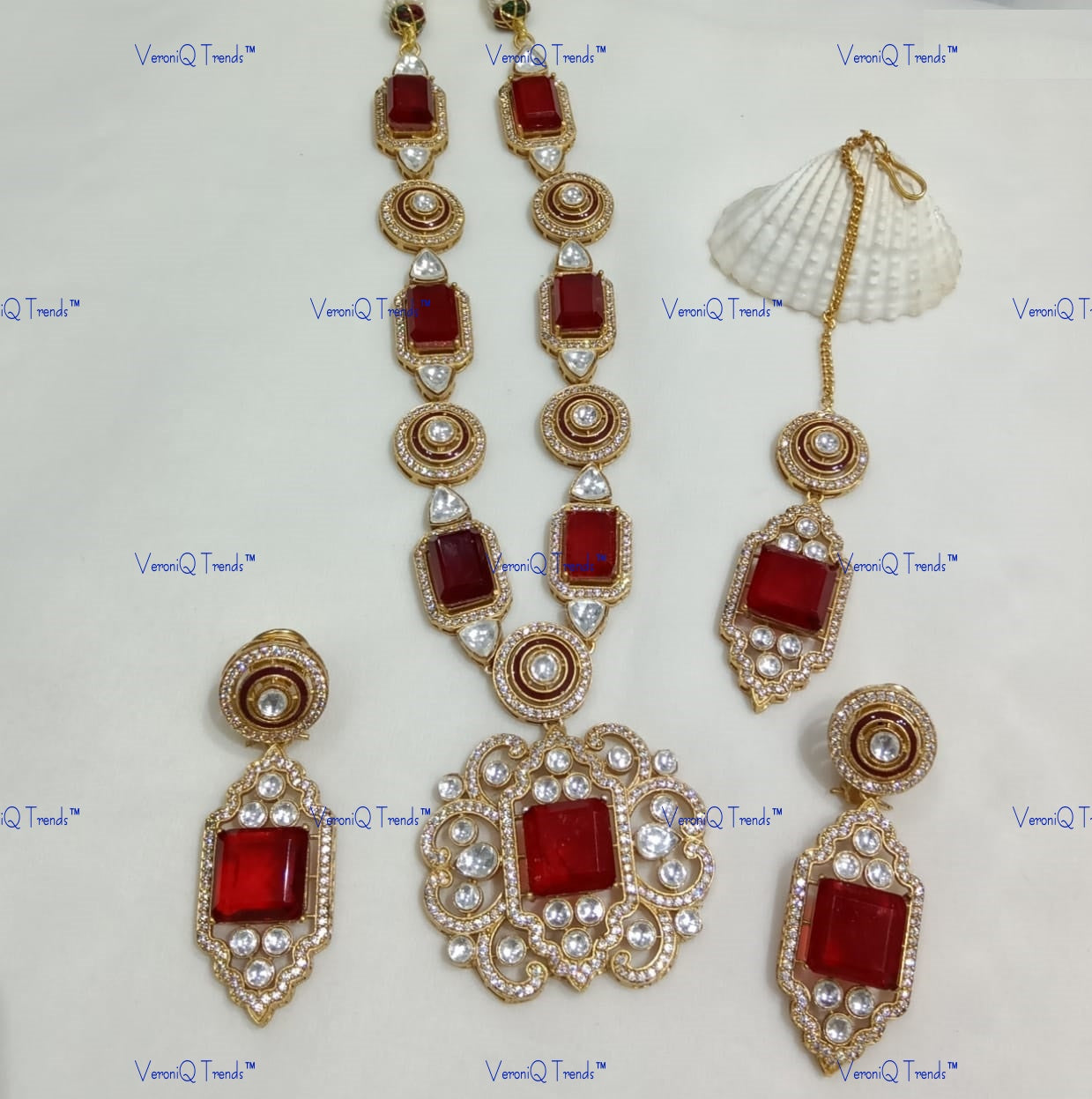 VeroniQ Trends-Ruby And Polki Necklace Set Polki-Ruby Stone-Gold Plated-Wedding Jewellery-Punjabi Jewellery-South Indian-Thappa Jewellery