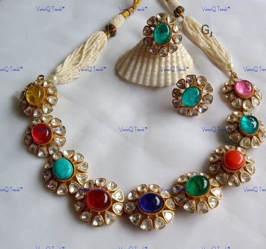 VeroniQ Trends-Navratan Pearl And Polki Choker Necklace Set Polki-Gold Plated-Wedding Jewellery-Punjabi Jewellery-South Indian-Thappa Jewellery
