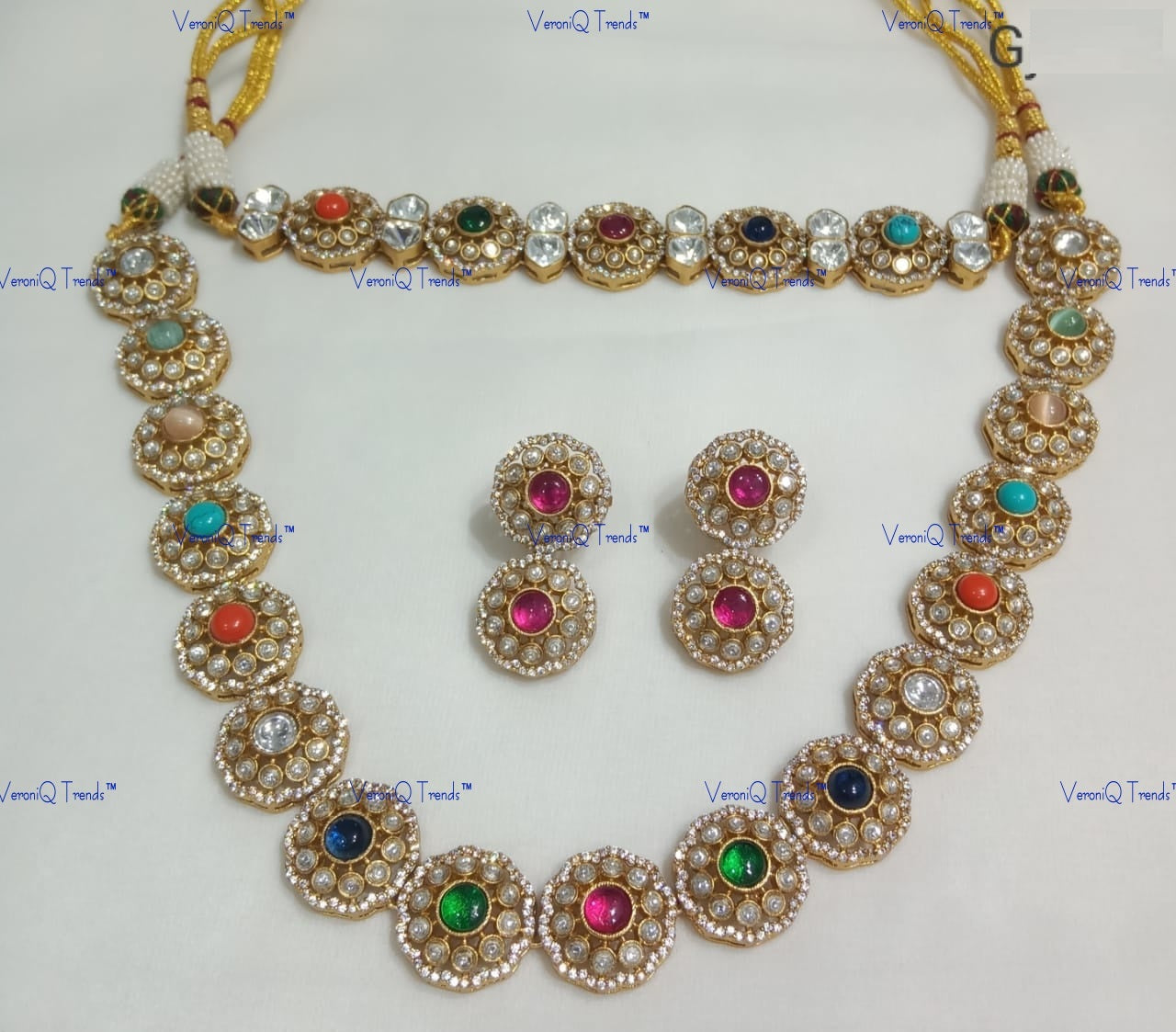 VeroniQ Trends-Navratan Polki Choker and Princess Dual Necklace Set Polki-Gold Plated-Wedding Jewellery-Punjabi Jewellery-South Indian-Thappa Jewellery