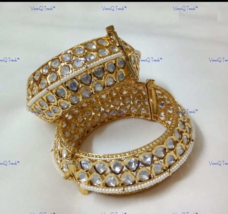 VeroniQ Trends-Royal Look Pearl And Polki Bangles Polki-Gold Plated-Wedding Jewellery-Punjabi Jewellery-South Indian-Thappa Jewellery