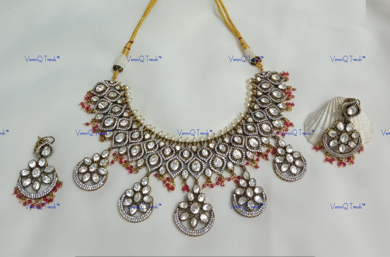 VeroniQ Trends-Victorian Chandbali Drop Polki Necklace Set Polki-Gold Plated-Wedding Jewelry-Punjabi Jewelry-South Indian-Thappa Jewelry