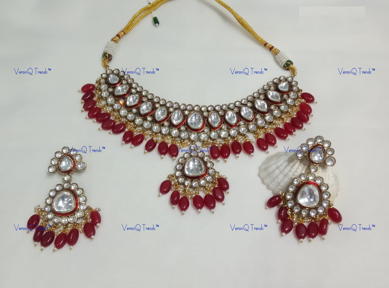 VeroniQ Trends-Ruby Pink Beads And Polki Necklace Set Polki-Ruby-Gold Plated-Wedding Jewellery-Punjabi Jewellery-South Indian-Thappa Jewellery