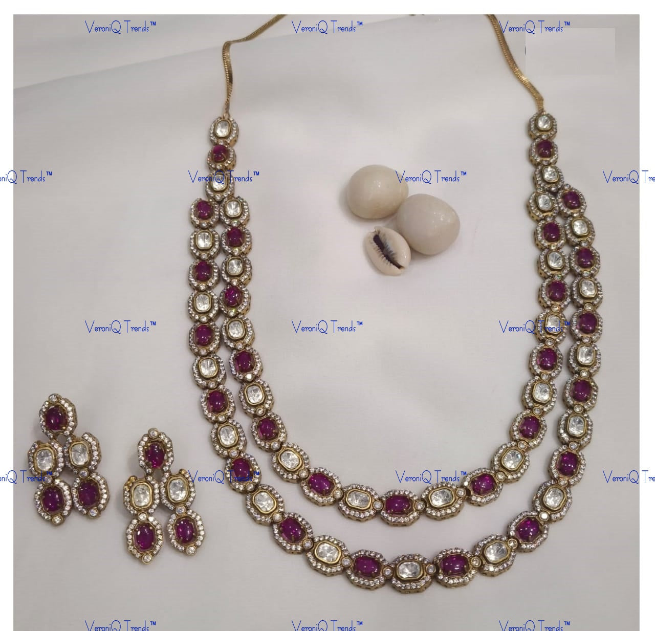 VeroniQ Trends-Double Layer Ruby Pink And Polki Necklace Set Polki-Gold Plated-Wedding Jewellery-Punjabi Jewellery-South Indian-Thappa Jewellery