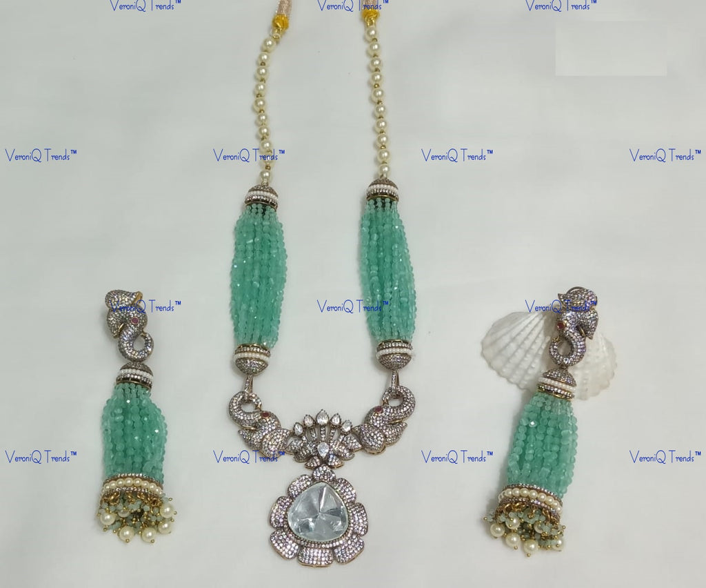 VeroniQ Trends-Elephant Design Colour Beads And Polki Necklace Polki-Gold Plated-Wedding Jewellery-Punjabi Jewellery-South Indian-Thappa Jewellery