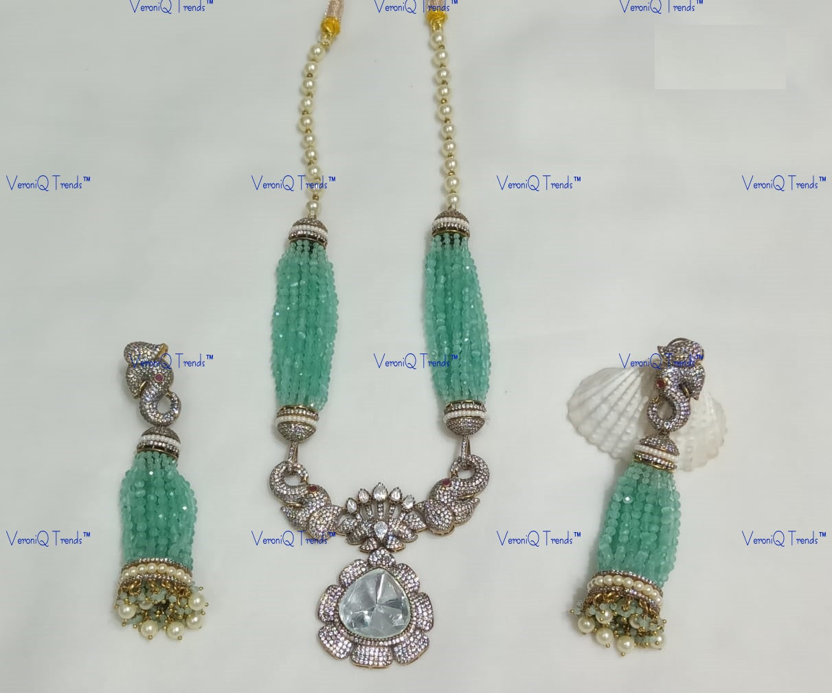 VeroniQ Trends-Elephant Design Colour Beads And Polki Necklace Polki-Gold Plated-Wedding Jewellery-Punjabi Jewellery-South Indian-Thappa Jewellery