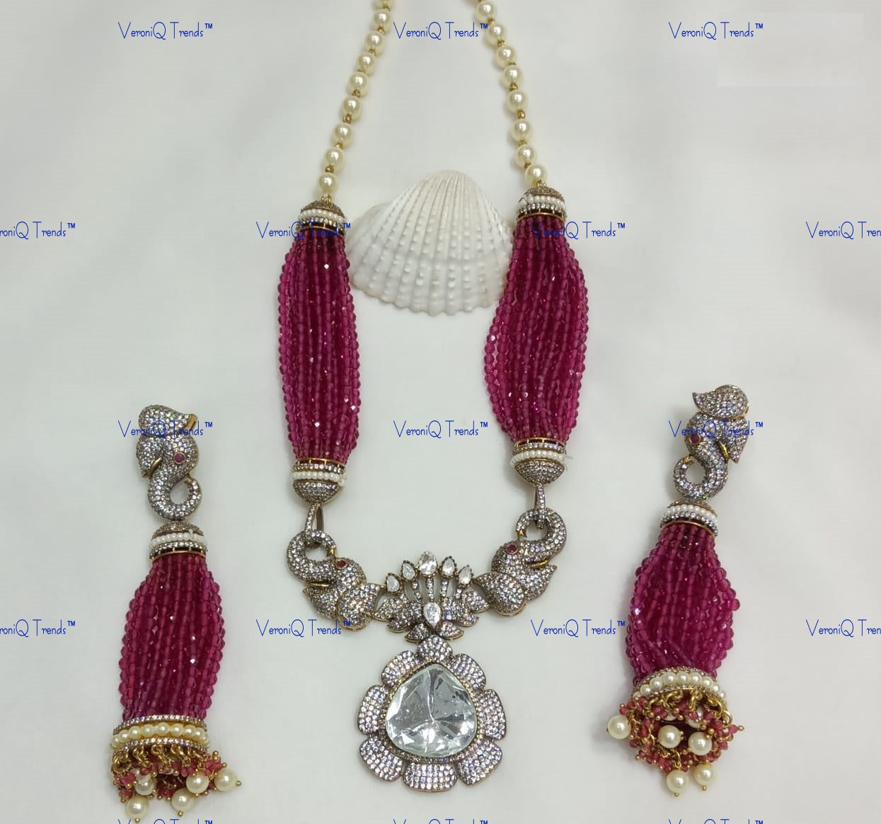 VeroniQ Trends-Elephant Design Colour Beads And Polki Necklace Polki-Gold Plated-Wedding Jewellery-Punjabi Jewellery-South Indian-Thappa Jewellery