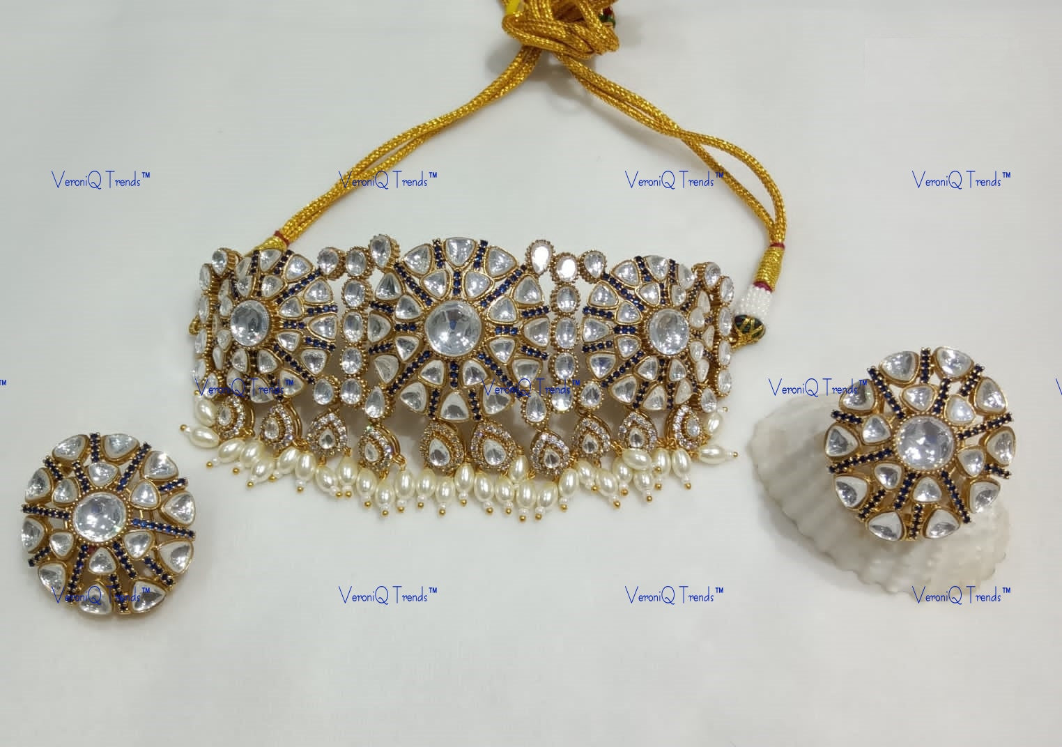 VeroniQ Trends-Royal Pearl And Polki Choker Necklace Polki-Fresh Water Pearl-Gold Plated-Wedding Jewellery-Punjabi Jewellery-South Indian-Thappa Jewellery