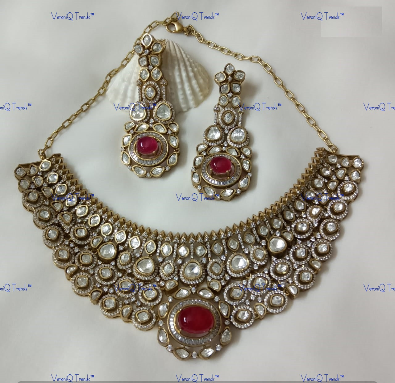VeroniQ Trends-Royal Ruby Stone And Polki Choker Necklace Polki-Ruby Stone-Gold Plated-Wedding Jewellery-Punjabi Jewellery-South Indian-Thappa Jewellery