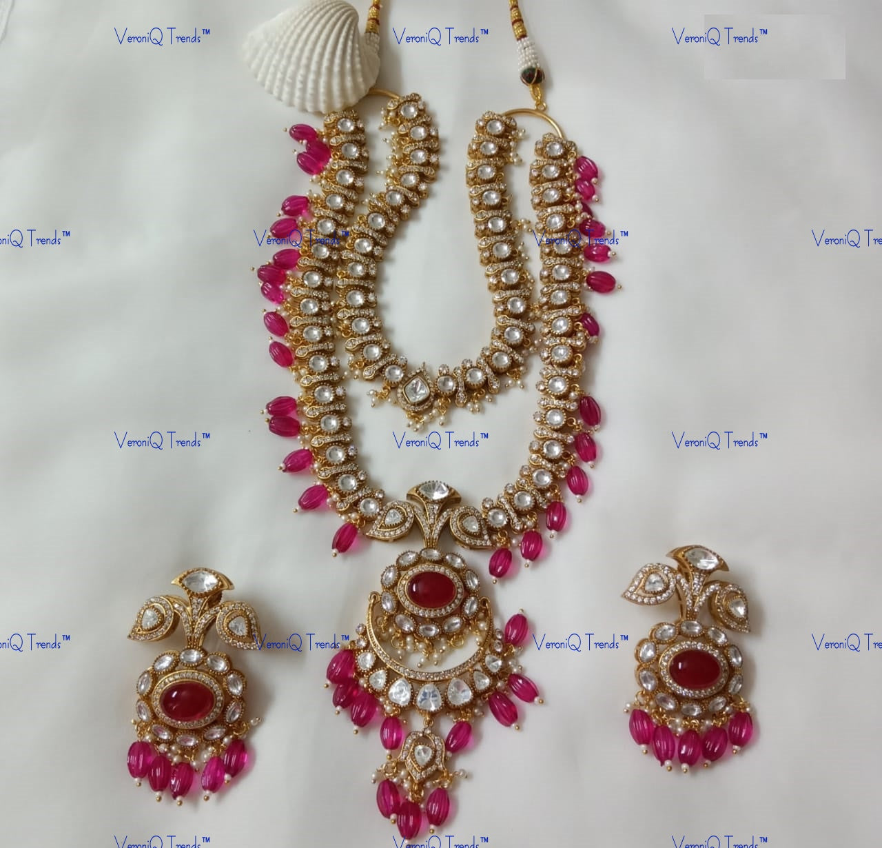 VeroniQ Trends-Double Line Navratan Stone And Polki Necklace Polki-Gold Plated-Wedding Jewellery-Punjabi Jewellery-South Indian-Thappa Jewellery