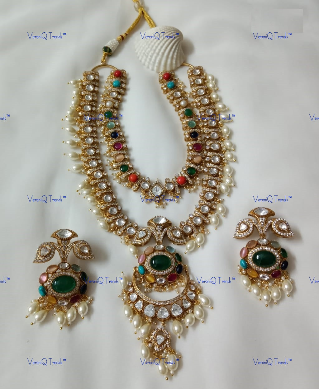 VeroniQ Trends-Double Line Navratan Stone And Polki Necklace Polki-Gold Plated-Wedding Jewellery-Punjabi Jewellery-South Indian-Thappa Jewellery