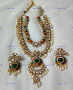 VeroniQ Trends-Double Line Navratan Stone And Polki Necklace Polki-Gold Plated-Wedding Jewelry-Punjabi Jewelry-South Indian-Thappa Jewelry