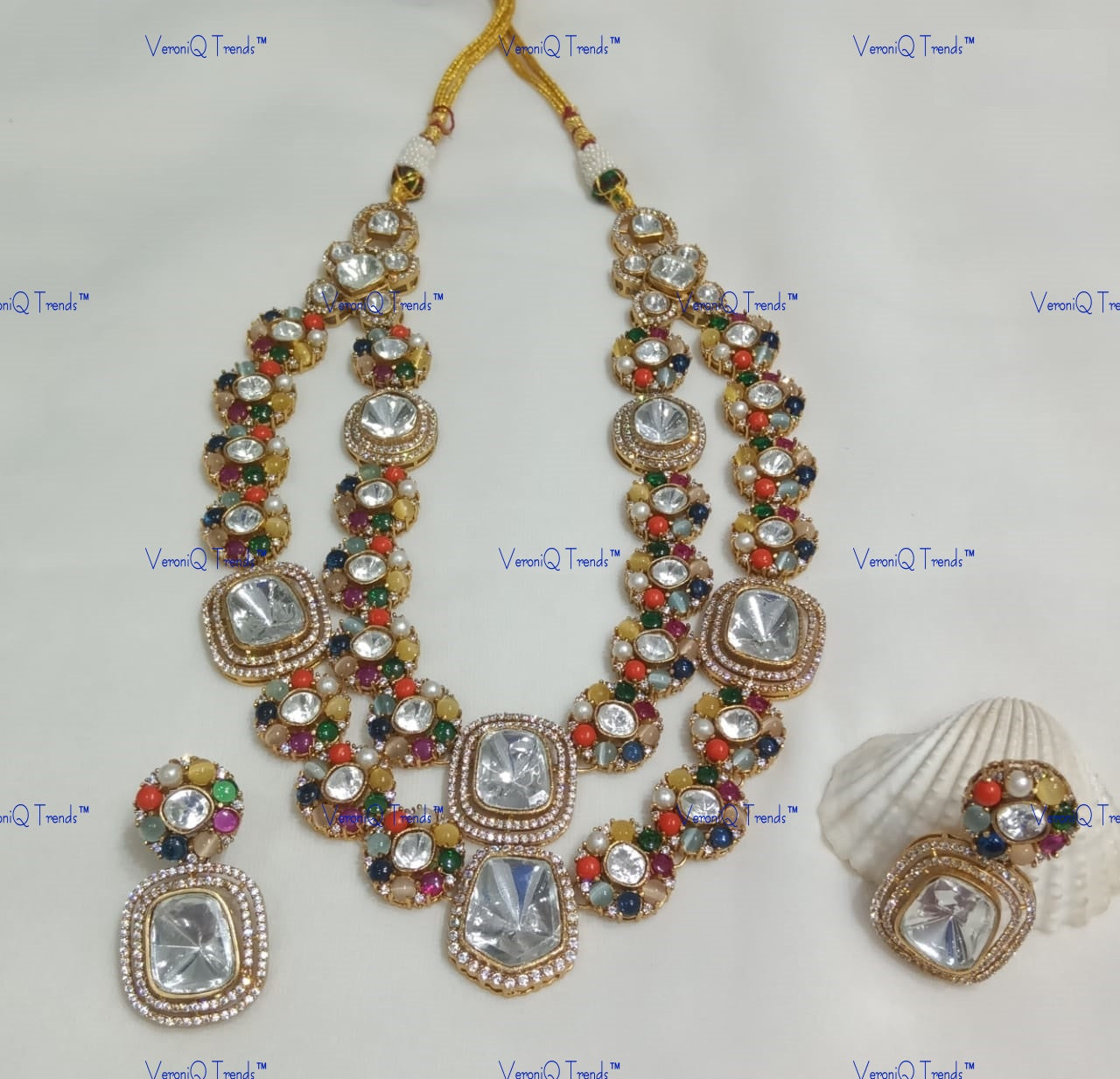 VeroniQ Trends-Double Line Navratan Stone Polki Long Necklace Polki-Gold Plated-Wedding Jewellery-Punjabi Jewellery-South Indian-Thappa Jewellery