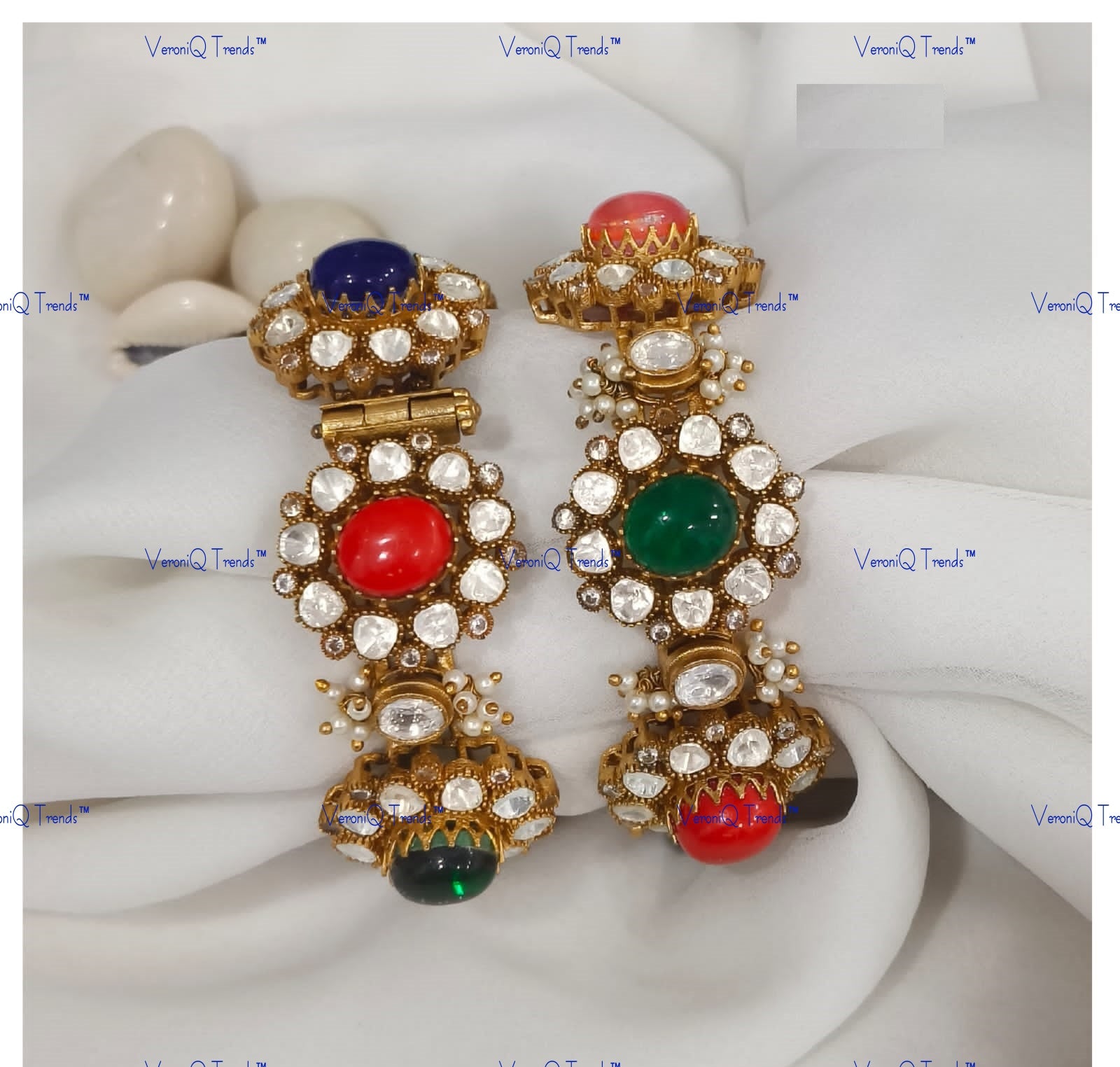 VeroniQ Trends- Navratan Multi-colour Polki Bangles Polki-Gold Plated-Wedding Jewellery-Punjabi Jewellery-South Indian-Thappa Jewellery