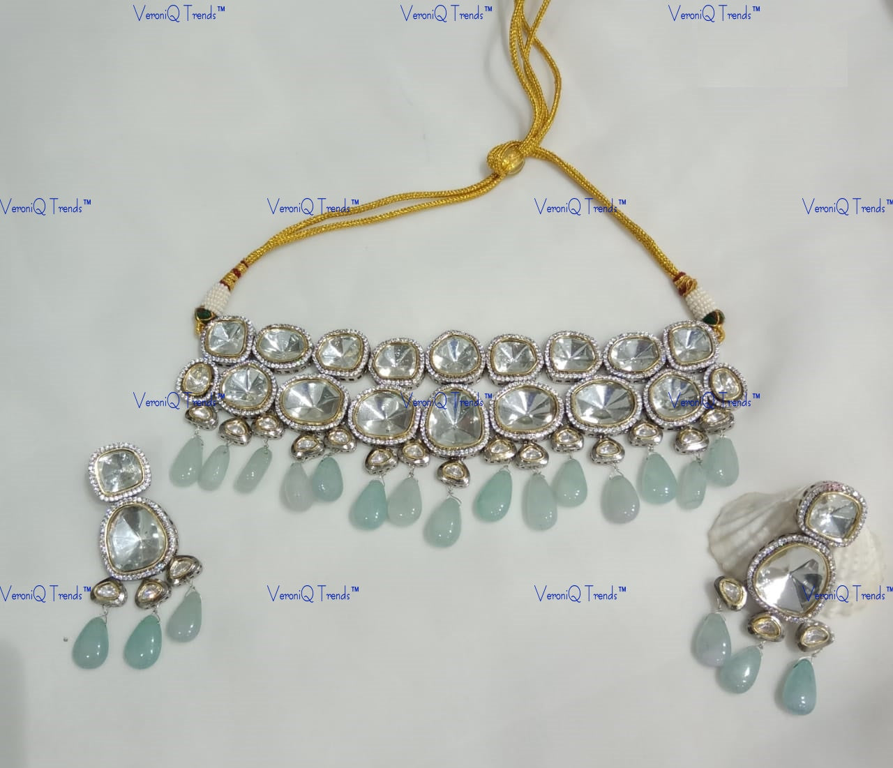 VeroniQ Trends-Mint Green Beads Diamond Look Polki Choker Necklace Set Polki-Gold Plated-Wedding Jewellery-Punjabi Jewellery-South Indian-Thappa Jewellery
