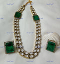 VeroniQ Trends-Victorian Bridal Emerald And Diamond Look Polki Long Necklace Polki-Emerald Stone-Gold Plated-Wedding Jewellery-Punjabi Jewellery-South Indian-Thappa Jewellery
