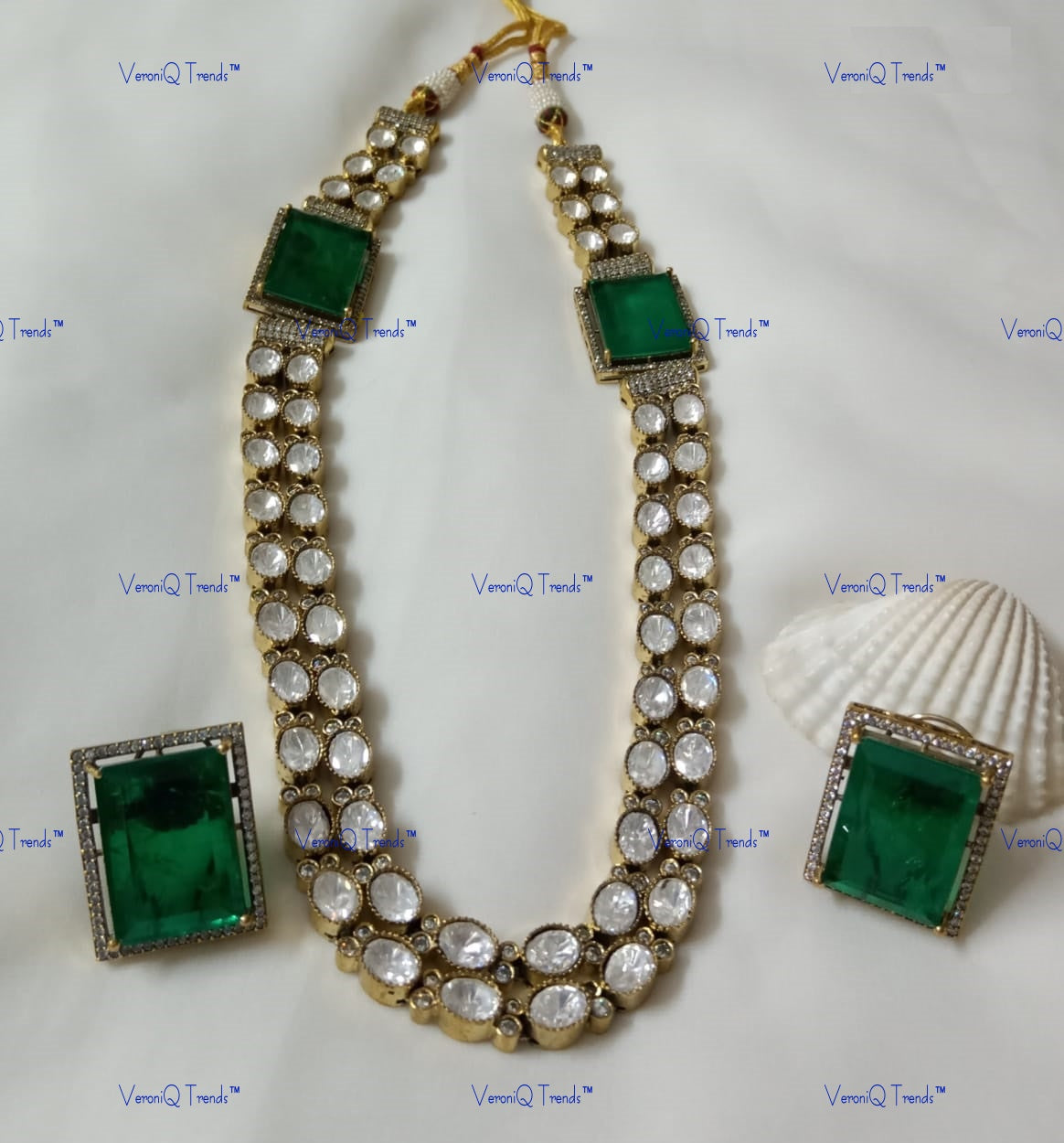 VeroniQ Trends-Victorian Bridal Emerald And Diamond Look Polki Long Necklace Polki-Emerald Stone-Gold Plated-Wedding Jewellery-Punjabi Jewellery-South Indian-Thappa Jewellery
