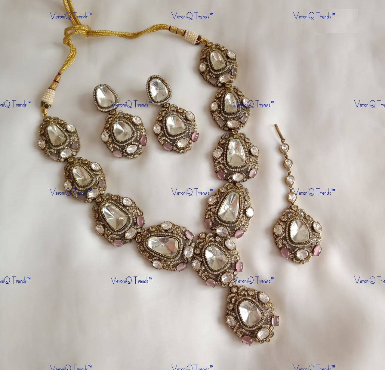 VeroniQ Trends-Victorian Bridal Diamond Look Polki Necklace Polki-Gold Plated-Wedding Jewellery-Punjabi Jewellery-South Indian-Thappa Jewellery