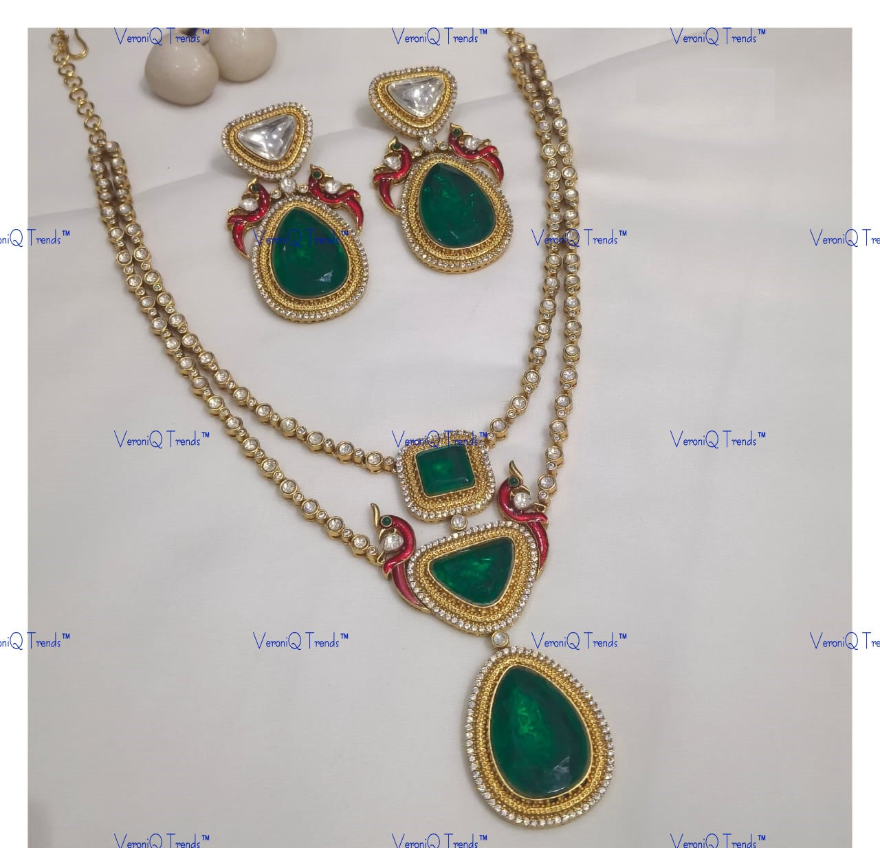 VeroniQ Trends-Peacock Double Line Emerald And Polki Necklace Polki-Emerald Stone-Gold Plated-Wedding Jewellery-Punjabi Jewellery-South Indian-Thappa Jewellery