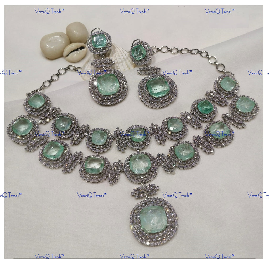 VeroniQ Trends-Alia Bhatt Inspired Look Victorian Double Line Polki And American Diamond Choker Necklace Set Polki-American Diamond-Gold Plated-Wedding Jewellery-Punjabi Jewellery-South Indian-Thappa Jewellery