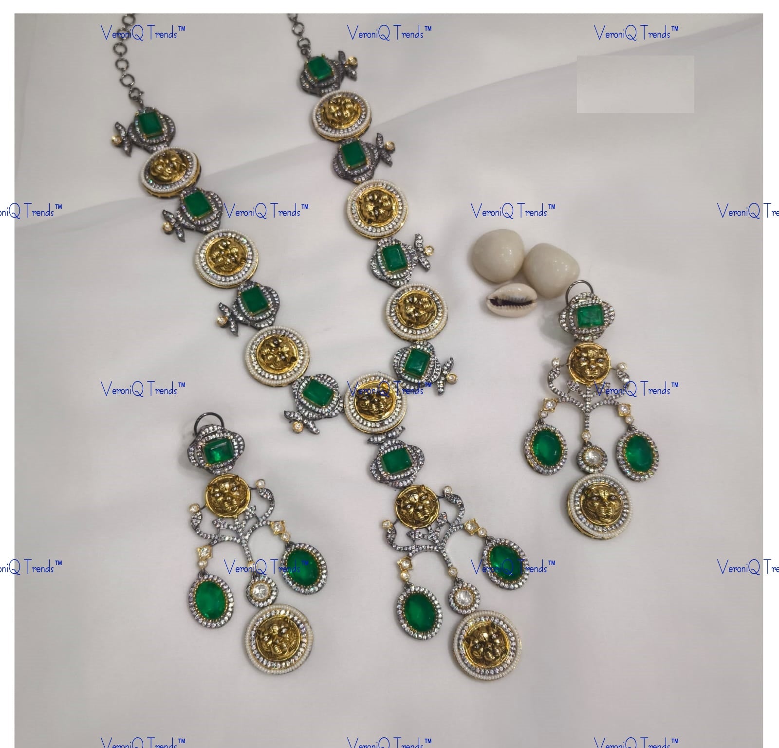 VeroniQ Trends-Cocktail Party Lion Face Emerald And Polki Necklace Polki-Emerald Stone-Gold Plated-Wedding Jewellery-Punjabi Jewellery-South Indian-Thappa Jewellery