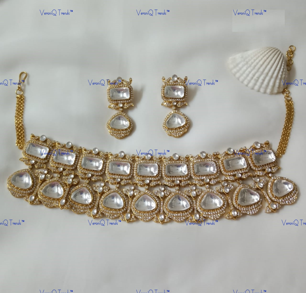 VeroniQ Trends-Gold Plated Diamond Look Polki Choker Necklace Polki-AAA+ Quality CZ Stone-Gold Plated-Wedding Jewellery-Punjabi Jewellery-South Indian-Thappa Jewellery