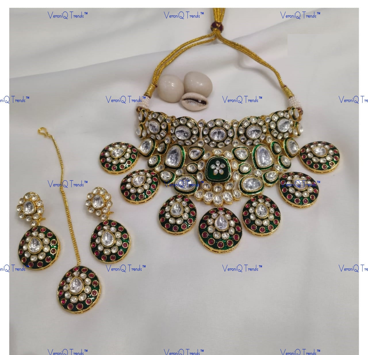 VeroniQ Trends-Bridal Green Carved Traditional Bridal Polki Drop Choker Necklace Polki-Gold Plated-Wedding Jewellery-Punjabi Jewellery-South Indian-Thappa Jewellery