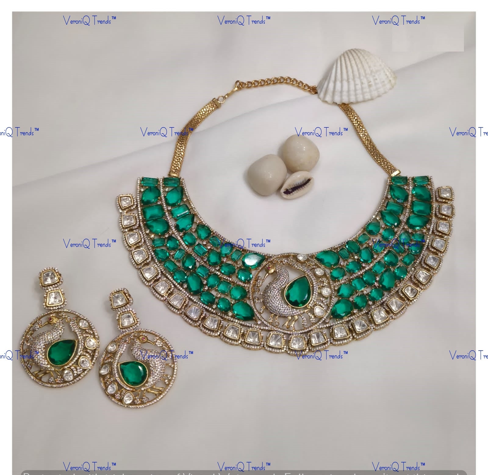 VeroniQ Trends-Peacock Emerald And Polki Jadau Necklace Polki-Emerald Stone-Gold Plated-Wedding Jewellery-Punjabi Jewellery-South Indian-Thappa Jewellery