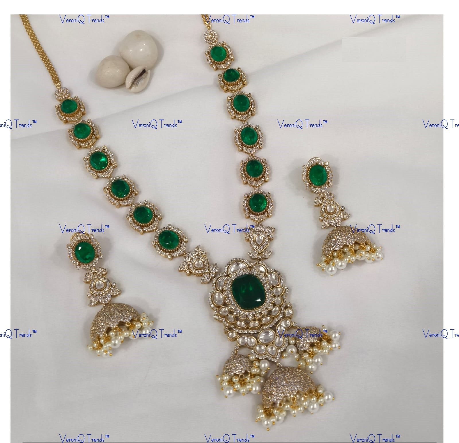 VeroniQ Trends-Long Emerald And Polki Necklace Polki-Emerald Stone-Gold Plated-Wedding Jewellery-Punjabi Jewellery-South Indian-Thappa Jewellery
