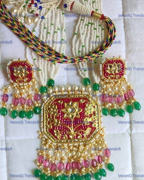 VeroniQ Trends-22KT Gold Diamond Polki Thappa Blue Meenakari Necklace Mughal Style-Temple Jewellery-Maharashtrian-South Indian-Polki-Pearls