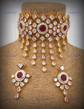 VeroniQ Trends-Gold Plated Pink Kundan Studded With Tassel Drop Choker Necklace Kundan-Gold Plated-Wedding Jewellery-Punjabi Jewellery-South Indian-Thappa Jewellery