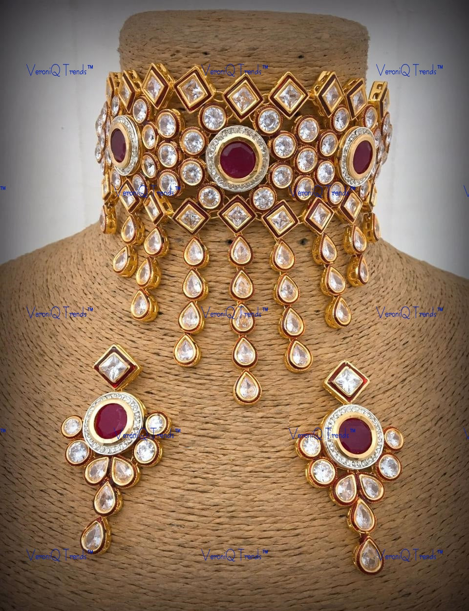 VeroniQ Trends-Gold Plated Pink Kundan Studded With Tassel Drop Choker Necklace Kundan-Gold Plated-Wedding Jewellery-Punjabi Jewellery-South Indian-Thappa Jewellery