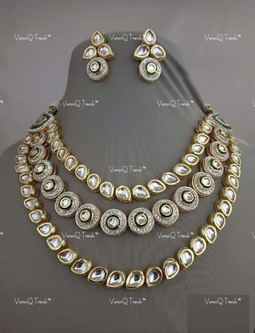 VeroniQ Trends-Multi-Line Gold Plated Green Meenakari Kundan Studded Necklace Kundan-Gold Plated-Wedding Jewellery-Punjabi Jewellery-South Indian-Thappa Jewellery