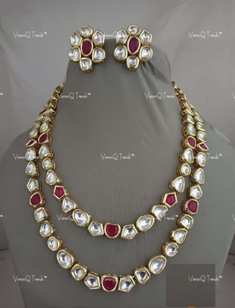 VeroniQ Trends-Double-Line Gold Plated Kundan Studded Necklace Kundan-Gold Plated-Wedding Jewellery-Punjabi Jewellery-South Indian-Thappa Jewellery