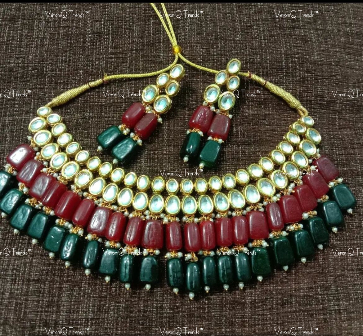 VeroniQ Trends-Kundan Studded And Red-Green Beaded Gold Plated Necklace Kundan-Gold Plated-Wedding Jewellery-Punjabi Jewellery-South Indian-Thappa Jewellery