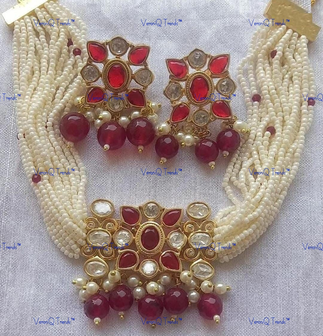VeroniQ Trends-Multistrand Beaded Gold Plated Kundan Studded Choker Necklace Kundan-Gold Plated-Wedding Jewellery-Punjabi Jewellery-South Indian-Thappa Jewellery