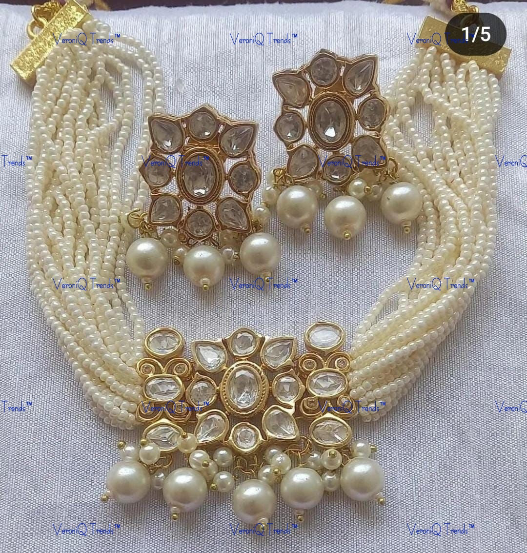 VeroniQ Trends-Multistrand Beaded Gold Plated Kundan Studded Choker Necklace Kundan-Gold Plated-Wedding Jewellery-Punjabi Jewellery-South Indian-Thappa Jewellery
