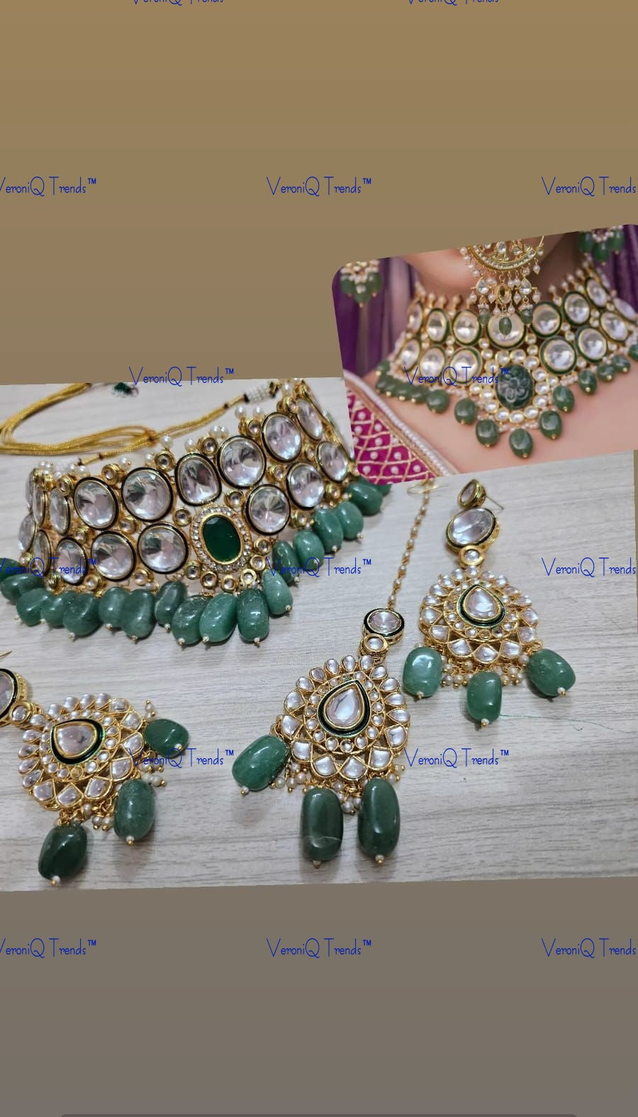 VeroniQ Trends-Bridal Heavy Kundan Studded And Green Beads Gold Plated Choker Necklace Kundan-Gold Plated-Wedding Jewellery-Punjabi Jewellery-South Indian-Thappa Jewellery