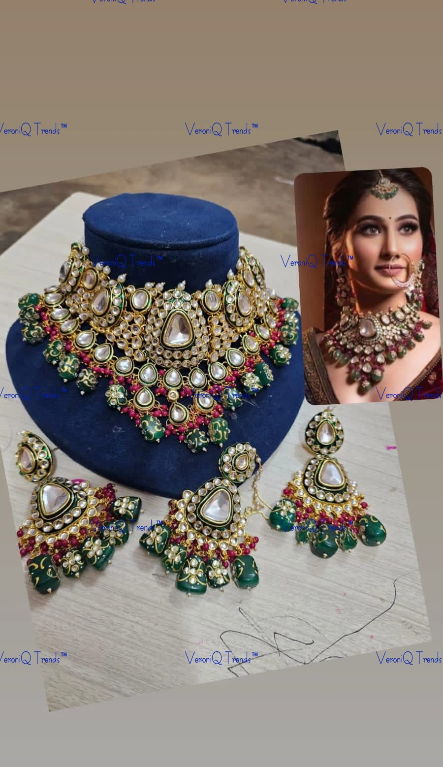 VeroniQ Trends-Traditional Bridal Meenakari Green Beads And Heavy Kundan Studded Gold Plated Choker Necklace Kundan-Gold Plated-Wedding Jewellery-Punjabi Jewellery-South Indian-Thappa Jewellery