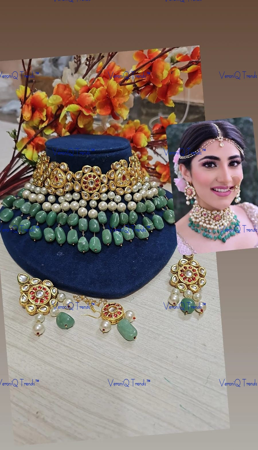 VeroniQ Trends-Floral Design Bridal Gold Plated Kundan Studded And Pearl Beads Choker Necklace Kundan-Gold Plated-Wedding Jewellery-Punjabi Jewellery-South Indian-Thappa Jewellery