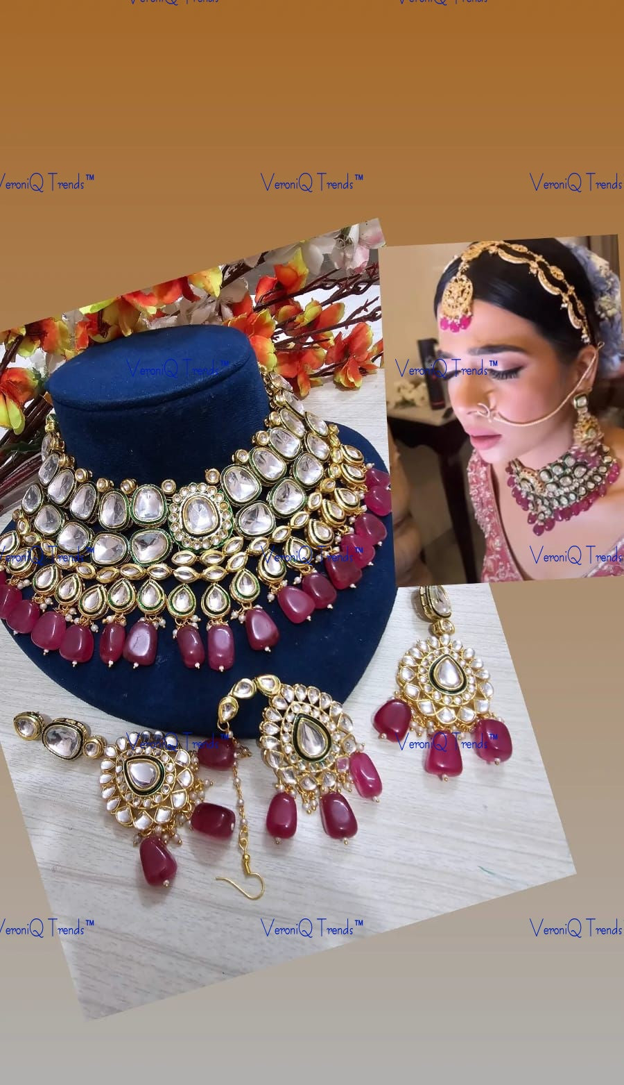VeroniQ Trends-Bridal Green Meenakari Kundan Studded And Pink Beads Choker Necklace Kundan-Gold Plated-Wedding Jewellery-Punjabi Jewellery-South Indian-Thappa Jewellery