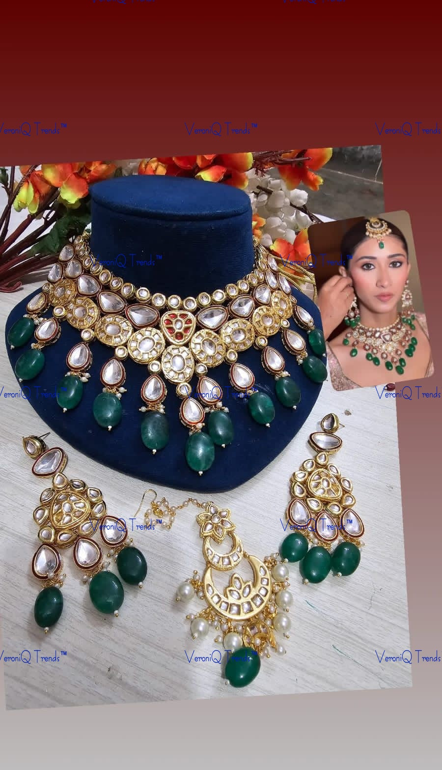 VeroniQ Trends-Bridal Gold Plated Meenakari Kundan Studded And Green Beads Choker Necklace Kundan-Gold Plated-Wedding Jewellery-Punjabi Jewellery-South Indian-Thappa Jewellery