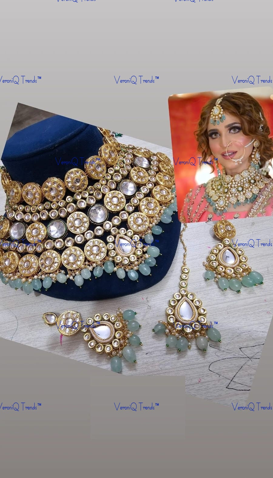 VeroniQ Trends-Traditional Bridal Gold Plated Turquoise Blue Beads And Kundan Studded Choker Necklace Kundan-Gold Plated-Wedding Jewellery-Punjabi Jewellery-South Indian-Thappa Jewellery