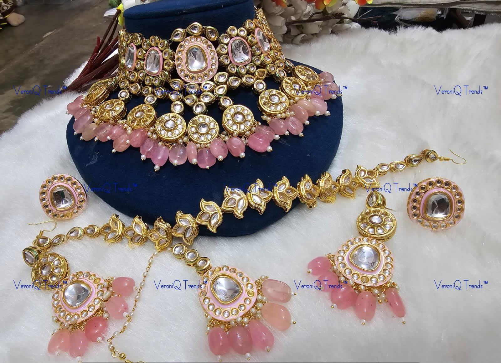 VeroniQ Trends-Pink Bridal Meenakari Gold Plated Beads And Kundan Studded Choker Necklace Kundan-Gold Plated-Wedding Jewellery-Punjabi Jewellery-South Indian-Thappa Jewellery