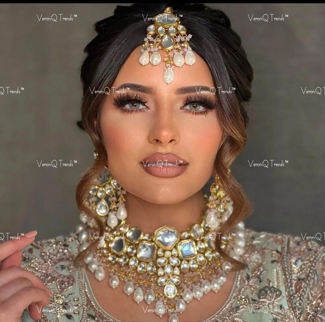 VeroniQ Trends-Bridal Gold Plated Heavy Kundan Jadau And Pearl Drop Choker Necklace Kundan-Gold Plated-Wedding Jewellery-Punjabi Jewellery-South Indian-Thappa Jewellery