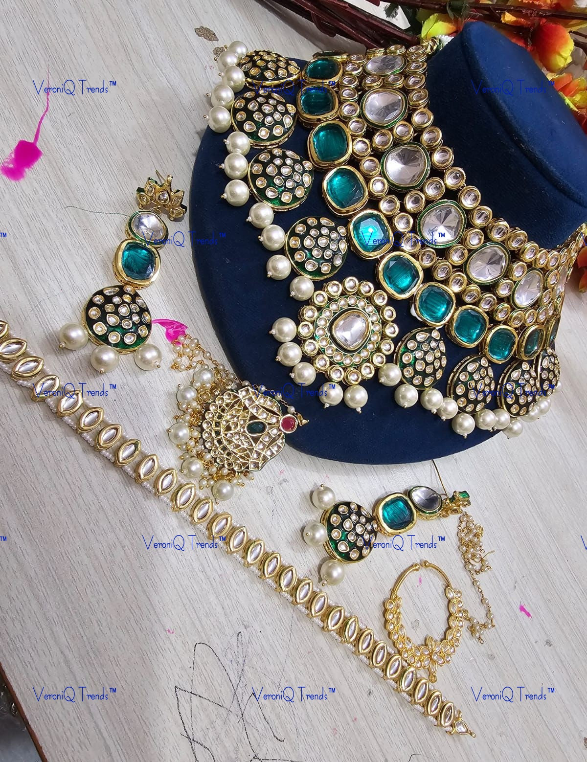 VeroniQ Trends-Green Bridal Gold Plated Green Meenakari Heavy Kundan Studded Pearl Choker Necklace Kundan-Gold Plated-Wedding Jewellery-Punjabi Jewellery-South Indian-Thappa Jewellery