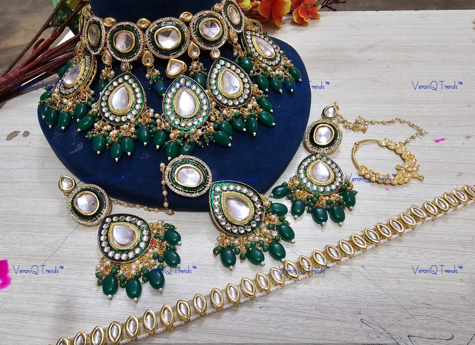 VeroniQ Trends-Traditional Bridal Gold Plated Green Meenakari Heavy Kundan Studded Beads Choker Necklace Kundan-Gold Plated-Wedding Jewellery-Punjabi Jewellery-South Indian-Thappa Jewellery