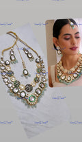 VeroniQ Trends-Double Line Green Gold Plated Meenakari Heavy Kundan Studded Long Necklace Kundan-Gold Plated-Wedding Jewellery-Punjabi Jewellery-South Indian-Thappa Jewellery