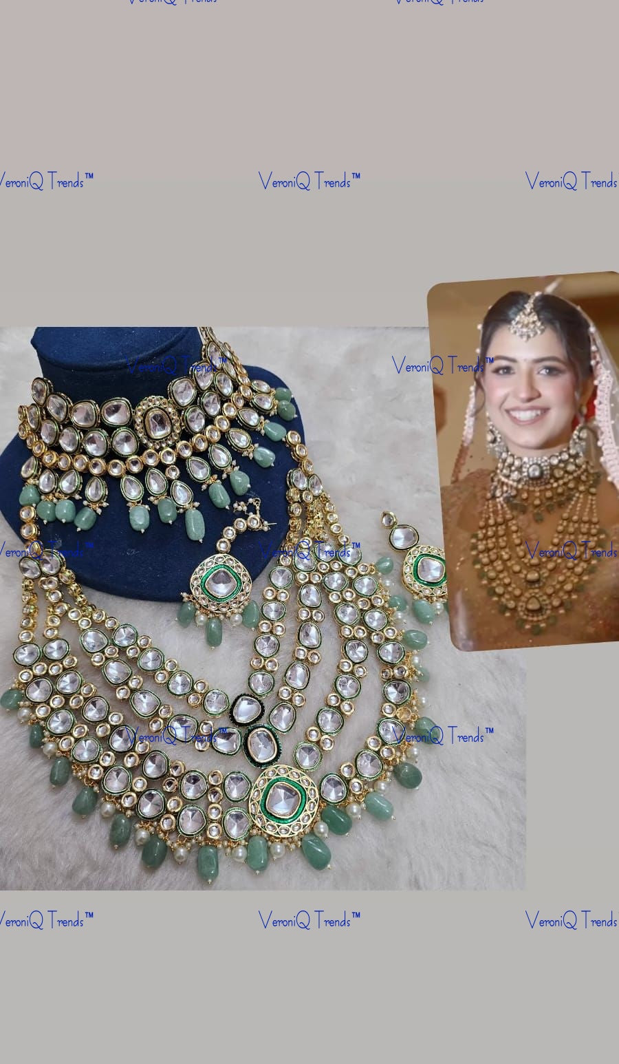 VeroniQ Trends-Bridal Multi-Line Green Gold Plated Kundan Studded And Beaded Long And Choker Necklace Kundan-Gold Plated-Wedding Jewellery-Punjabi Jewellery-South Indian-Thappa Jewellery