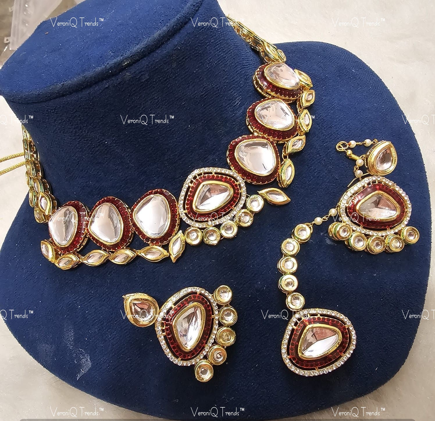 VeroniQ Trends-Red Gold Plated Meenakari Kundan Studded Choker Necklace Kundan-Gold Plated-Wedding Jewellery-Punjabi Jewellery-South Indian-Thappa Jewellery
