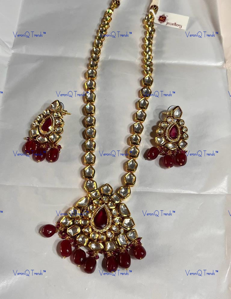 VeroniQ Trends-Red Gold Plated Kundan Studded Long Necklace Kundan-Gold Plated-Wedding Jewellery-Punjabi Jewellery-South Indian-Thappa Jewellery